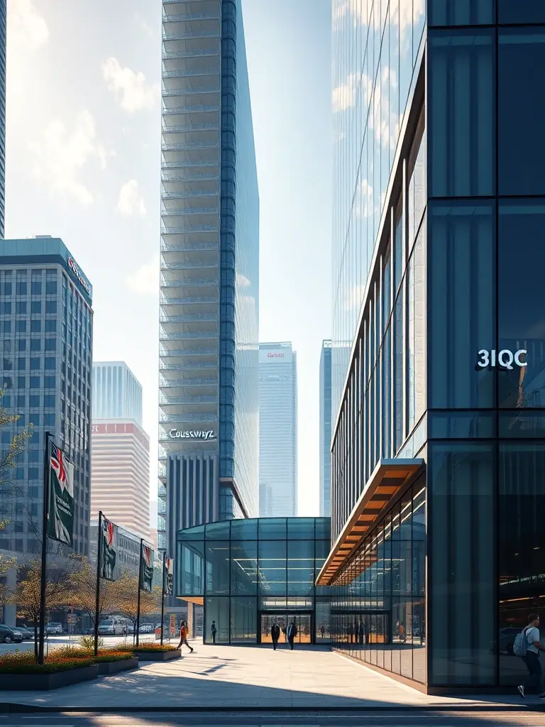 A modern architectural rendering of Causewayz Square @ JBCC, showcasing its sleek design and prominent location near the CIQ, emphasizing its accessibility and urban appeal.